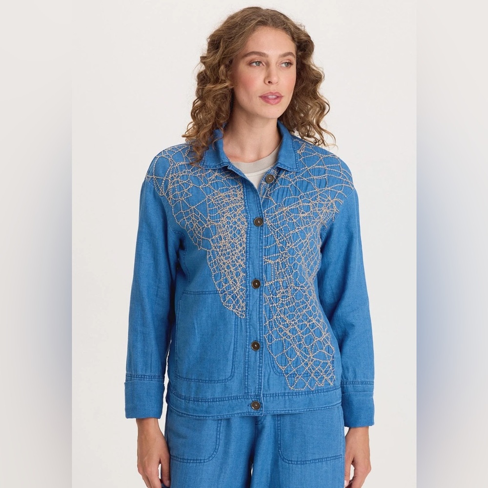 XCVI
HELM EMBROIDERED MOCK-DENIM JACKET
 In Etiolate Wash
